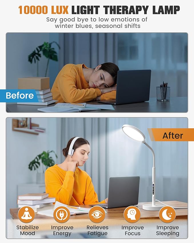10000 Lux Light Therapy Lamp, Sunlight Therapy Lamps with 3 Color Temperatures &Dimmable &Timer, Full Spectrum &UV-Free Happy Lamp Light Therapy with Remote, Daylight Lamps for Home(White, Table Lamp)
