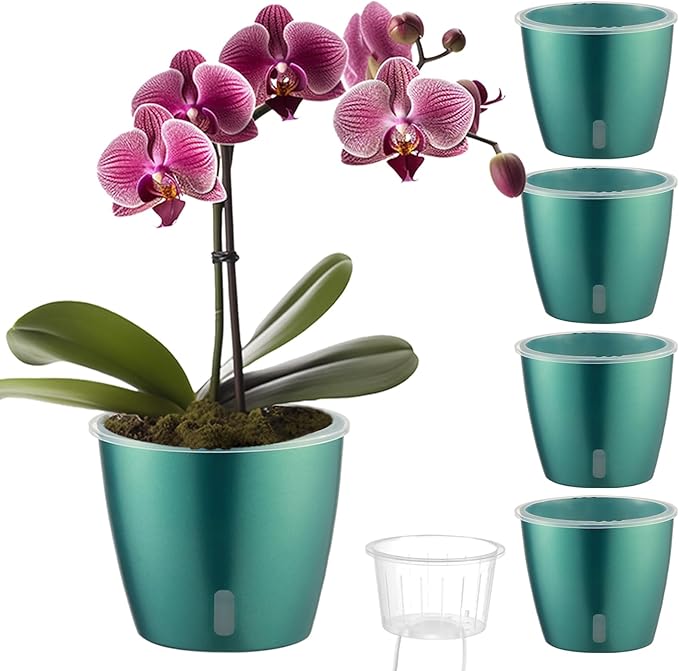 KvyusFlourish Self Watering Pots for Indoor Plants, 4-Pack 6.7'' Self Watering Planter with Drainage Holes, Small African Violet Pots with Water Indicator, Clear Wick Orchid Pot, Blue Gold