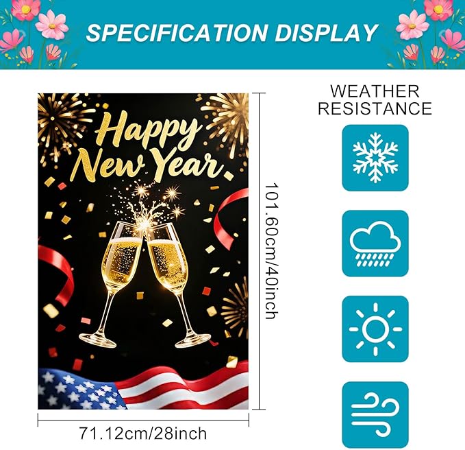 Happy New Year House Flag 28x40 Inch Champagne Glasses Fireworks and American Flag Design Garden Flag Patriotic Holiday Outdoor Yard Decoration Banner for Home Porch Lawn