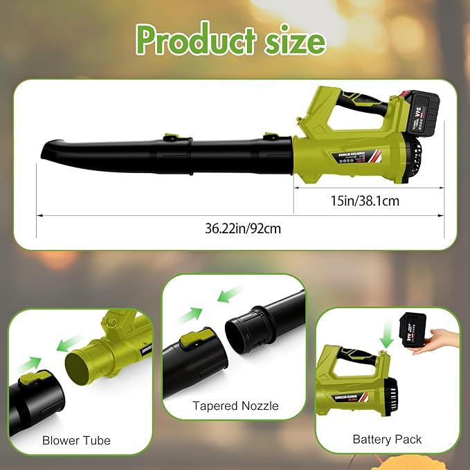 Leaf Blower Cordless 650CFM 280MPH Electric Leaf Blower with 2 x 6.0Ah Battery Operated 21V Powered, 6 Speed Mode, Handheld Blowers 2 Extended Tubes for Lawn Care, Patio, Dust, Blowing Leaves, Snow