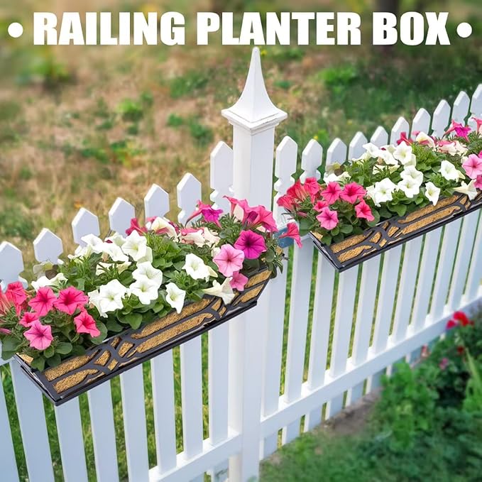 Railing Planter Box, Window Planter Boxes Outdoor 2 Pack 24 Inch Hanging Planter with Adjustable Bracket for Porch, Fence Flower Baskets with Coco Liners