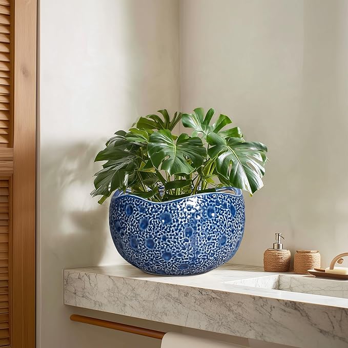 Thirtypot 10 Inch Plant Pot - Ceramic Pots for Plants Indoor Outdoor, Round Bonsai Pots with Drainage Hole, Decorative Flower Pot, Modern Unique Planters, House Decor, Housewarming Gifts, Blue