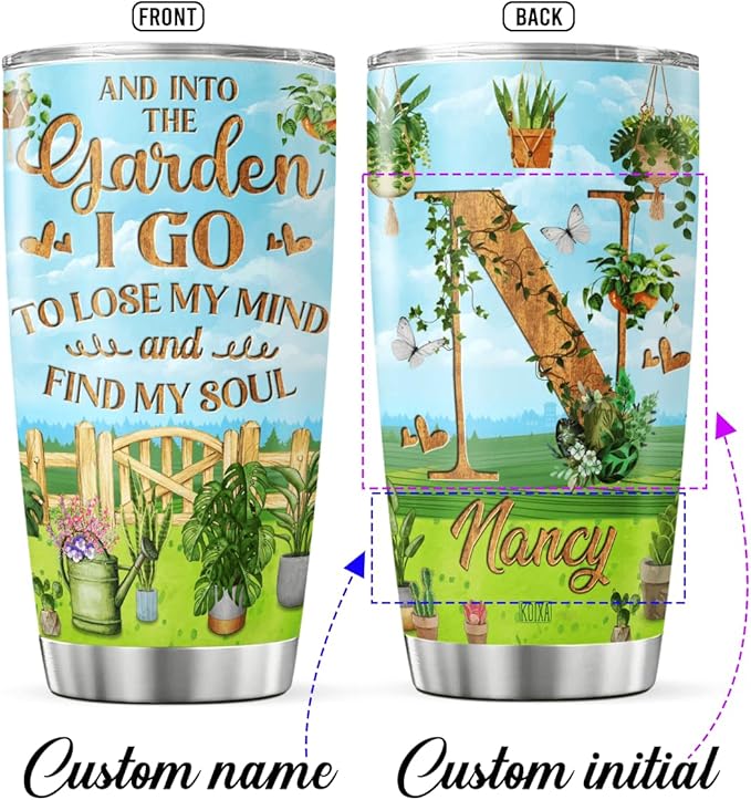 Personalized Initial Coffee Tumbler Gardening Custom Name Birthday Gifts For Women Adults Girls Grandma Travel Mug With Lid Insulated Cup Cold Steel Tumblers Inspirational Quote