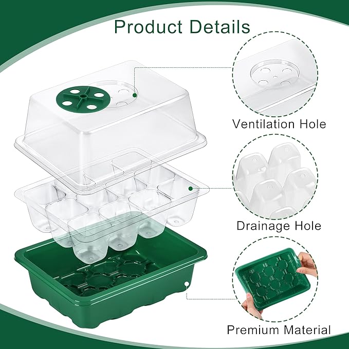 6 Pack Seed Starter Tray Kit with Grow Light and Seedling Heat Mat 72 Cells Seed Starter Tray with Humidity Dome and Base Plastic Plant Growing Germination Trays for Seed Propagation, Green