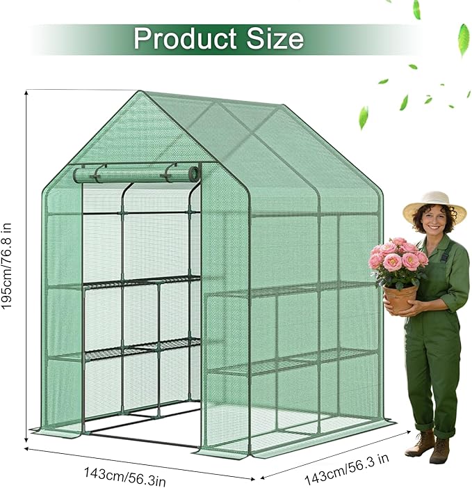 Grezone Walk-in Greenhouse Upgraded Portable Green House with Thicken PE Cover, 3 Tiers 8 Shelves for Outdoors，Heavy Duty Plastic Plant Warm House with Reinforced Frame (56x56x77 in)