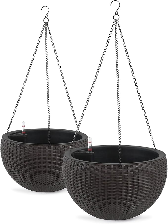 Vigo huseeo 13.5 inch 2Pack Large Hanging Planters for Outdoor/Indoor Plants, Self Watering Hanging Pot with Water Level Indicato, Drainage Holes and Chain for Garden Porch, Brown