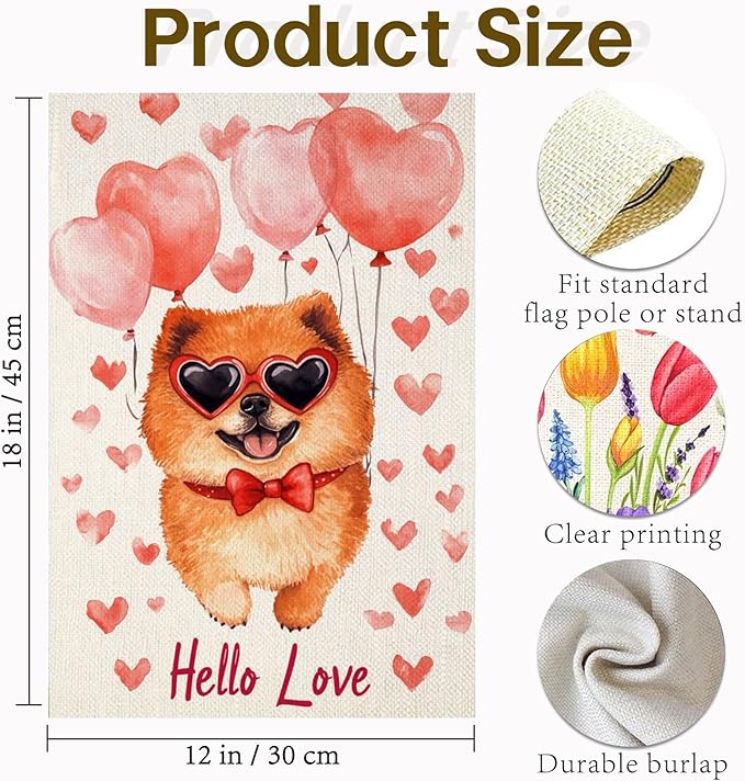 Valentine's Day Chow-Chow-Dog Hello Love Garden Flag, House Yard Plaid Love Heart Outside Decoration, Spring Holiday Wedding Anniversary Outdoor Small Decor 12x18(12654)