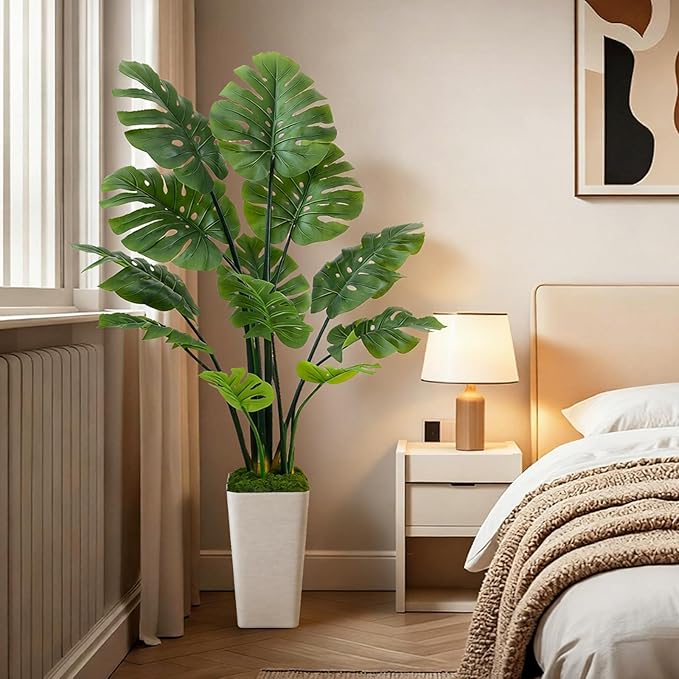 5FT Artificial Monstera Plant Realistic Faux Monstera Plant with Tall White Planter and Thread Moss, Lifelike Indoor Outdoor Artificial Tree for Living Room, Bedroom, Office, Housewarming Decor