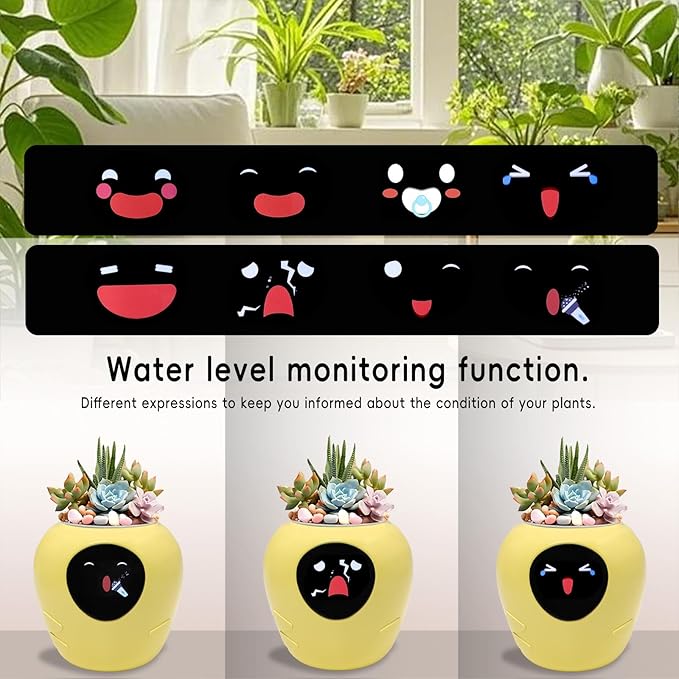 Odpaltoy Smart Plant Pot with Expression, AI Intelligent Flower Pot for Indoor Decoration, Smart Garden Pot with Water/Light/Temperature Sensors, Ivy AI Planter (Yellow（Big）)