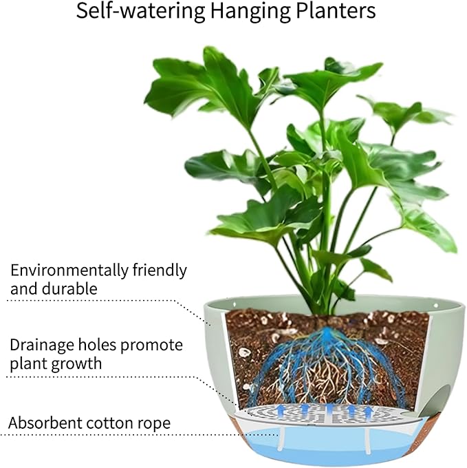 CNLBO 2 Pack Hanging Planters for Indoor Outdoor Plants, 12 Inch Self Watering Hanging Pot with Drainage Holes and Saucer, Plastic Plant Pots, Green Brown Flower Pots for Kitchen, Balcony, Garden