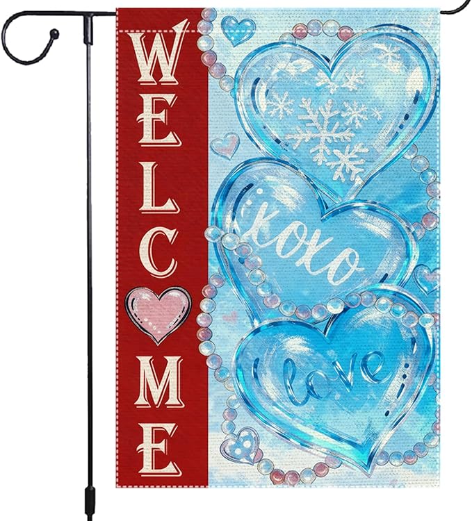 Welcome Winter Valentines Day Garden Flag 12x18 Inch Double-Sided Burlap with Snowflakes and Hearts for Home Decoration