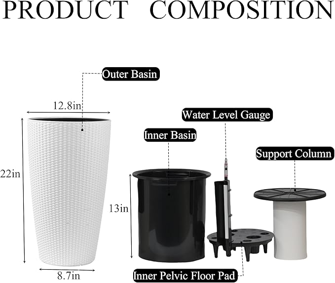 Vigo huseeo 22" Tall Planter Set of 2, Large Self Watering Pots for Indoor/Outdoor Plants with Drain Holes, Water Level Monitor, Inner Bucket for Front Porch Patio, White Rattan Conical