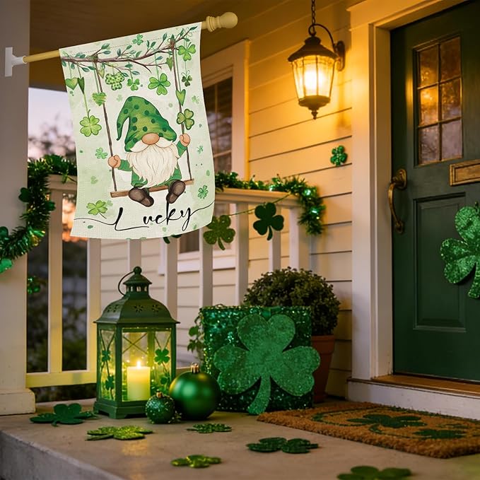 Heyfibro Lucky St. Patrick's Day Garden Flag 28x40 Double Sided Burlap, Gnome with Shamrocks Hanging Swing Yard Banner for Spring Seasonal Irish Holiday Farmhouse Outdoor Decor(ONLY FLAG)