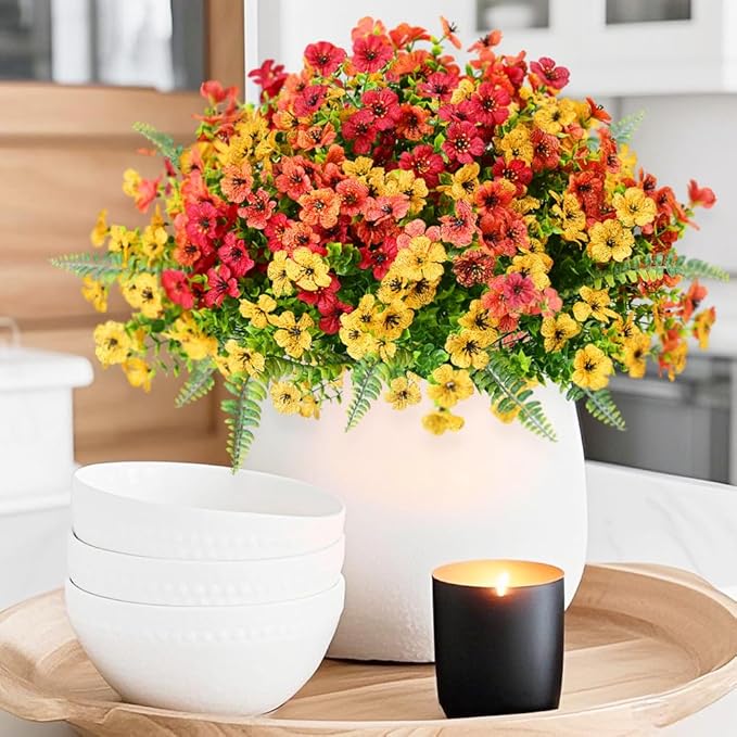 Pinenoya Artificial Faux Plants Flowers Outdoor Decoration,18 Bundles Fake Silk Colorful Daisy Eucalyptus Realistic UV Resistant for Outside Home Planter Porch Patio Yard Decor (Yellow Red)