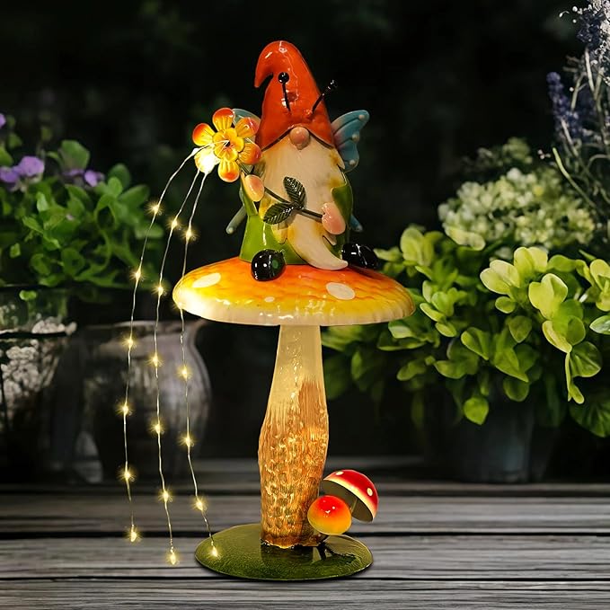 Solar Garden Gnome Figurine, Waterproof Outdoor Mushroom Decor with Solar Outdoor Lights for Yard, Patio, Lawn Ornaments, Ideal Gifts for Mom Grandma Women, Housewarming Gifts-16.5"