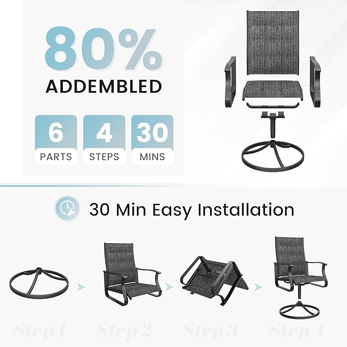 Patio Swivel Chairs Set of 4, Outdoor Dining Chairs with High Back, 360° Swivel Rocker Chair in All-Weather Padded Textilene & Metal Frame for Garden, Porch, Backyard, Balcony(Padded Dark Grey)