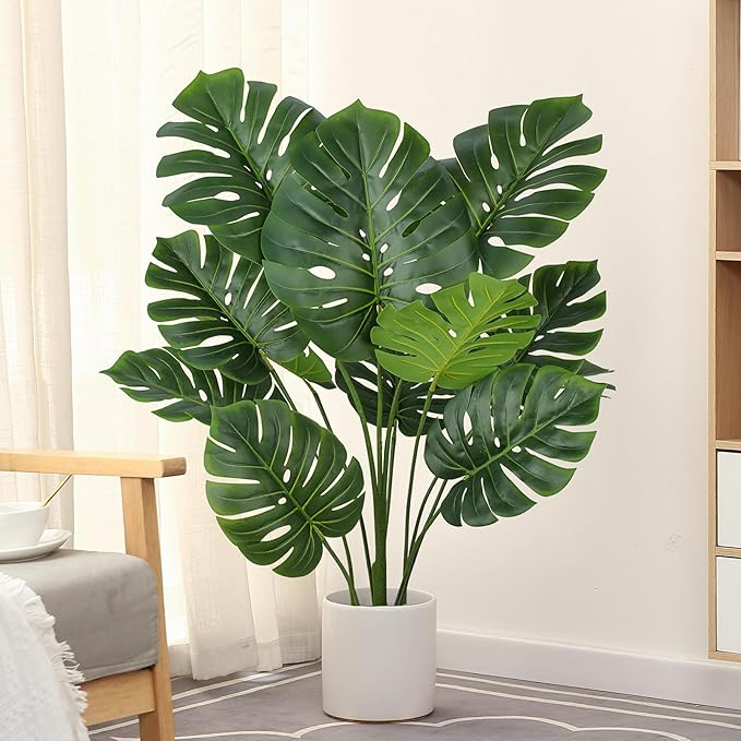 Artificial Monstera Plant 4FT Tall Fake Swiss Cheese Plant Potted Faux Tropical Floor Plants Indoor Decorative House Plants Artificial Palm Trees for Home Office Living Room Decor, 2 Pack