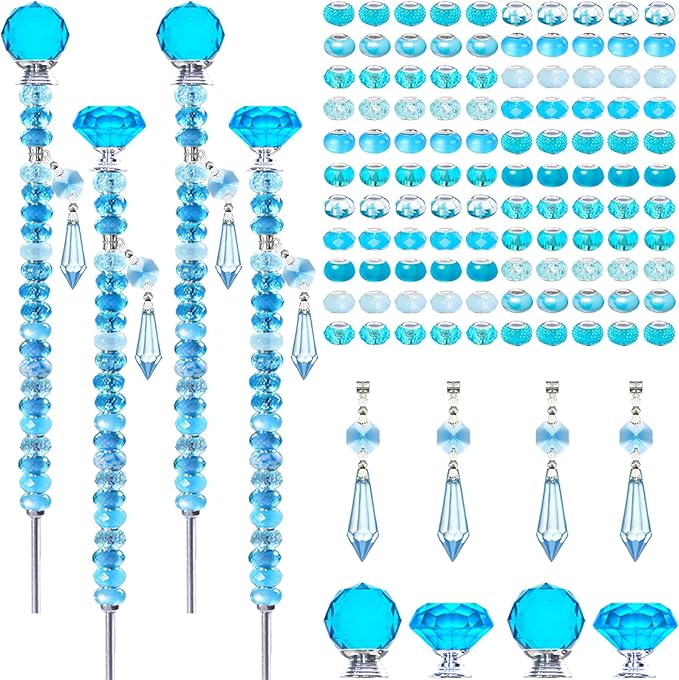 Exway 100 PCS DIY Fairy Wand Beaded Garden Stake Beads Kits with Light Blue Large Hole Beads 4 Crystal Stopper Top Threaded Rods and 4 Light Blue Sparkling Crystal Pendants for Outdoor Indoor Decor
