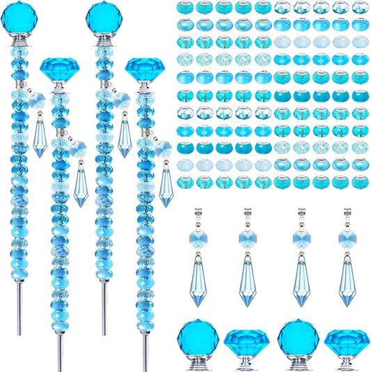 Exway 100 PCS DIY Fairy Wand Beaded Garden Stake Beads Kits with Light Blue Large Hole Beads 4 Crystal Stopper Top Threaded Rods and 4 Light Blue Sparkling Crystal Pendants for Outdoor Indoor Decor