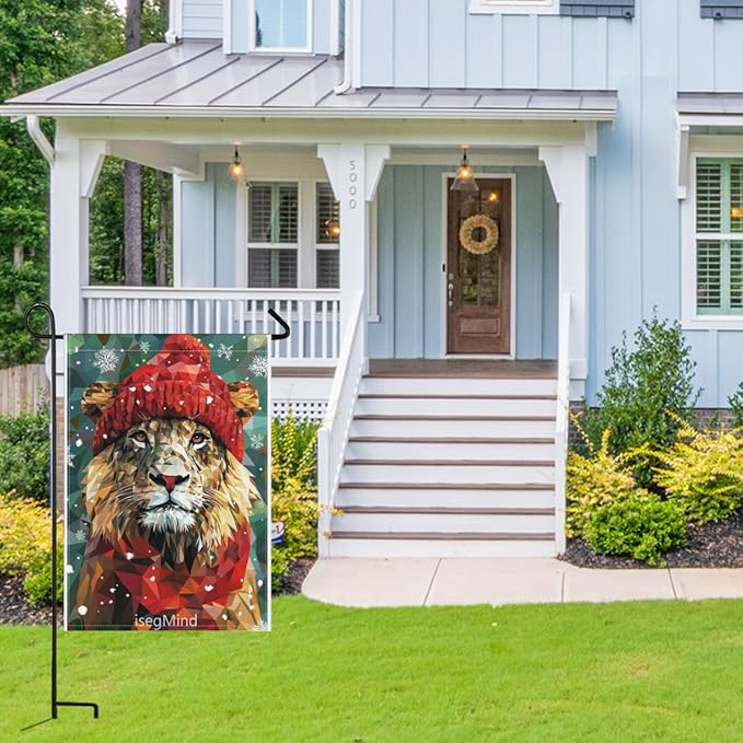 Lion with Red Scarf and Hat Snowflake Christmas Garden Flag, 28x40 Inch Double Sided Linen Holiday Red Winter Farmhouse Yard Outdoor Decoration (4328)