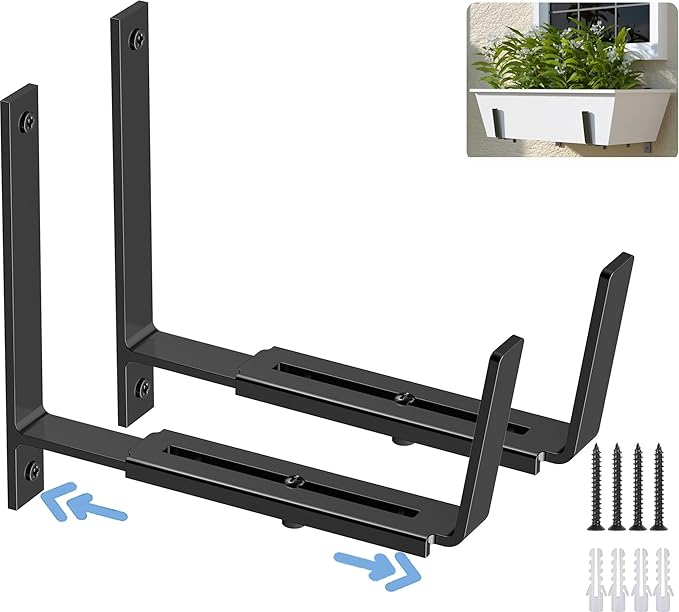 HFHOME 2 PCS Adjustable Planter Box Brackets (6 to 12.5 in), Universal Window Box Brackets, Heavy Duty Metal Flower Box Wall Mounting Hooks for Balcony, Fences, Patio, and Garden - Black