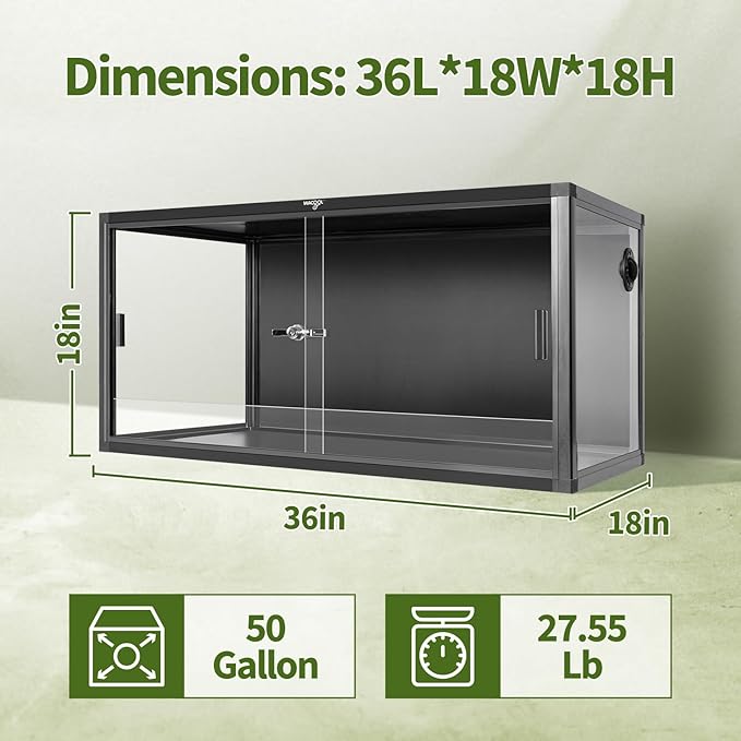Wacool Terra 50 Gallon Reptile Tank, Large Terrarium for Bearded Dragons, Snakes, Leopard Geckos, Sliding Door & Top Ventilation, 36" x 18" x 18" Easy-to-Maintain Reptile Enclosure