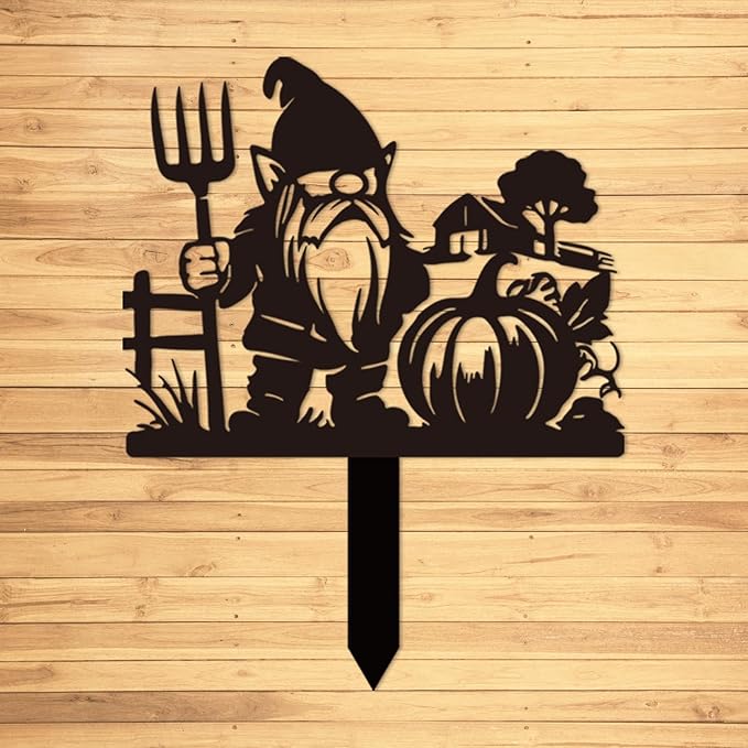 Magilab Personalized Iron Yard Stake - Christmas Cute Gnome Dwarves Decor, 8-Inch Black Metal Garden Sign for Outdoor (Style A)