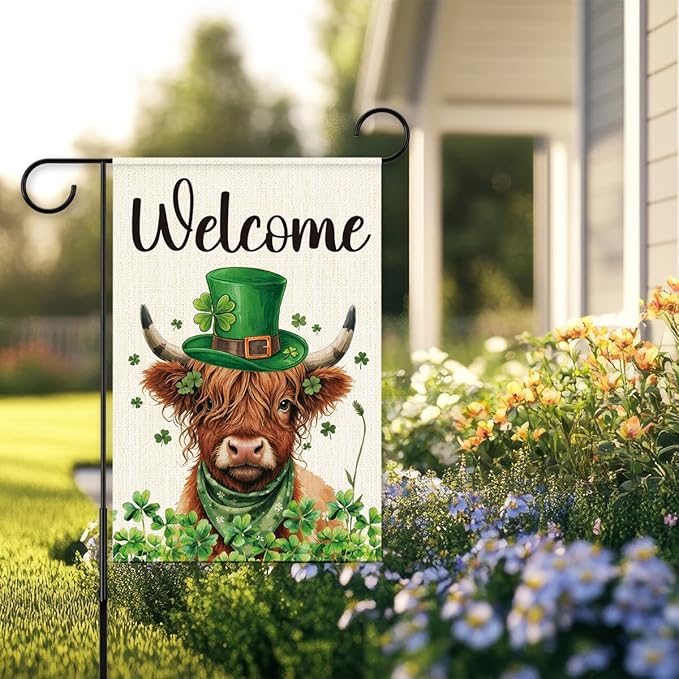 St Patricks Day Welcome Garden Flag 12x18 Inch Double Sided,Shamrocks Cow with Green Hat Outdoor Irish Decor House Porch Flag for St Patrick's Day Party and Yard Decorations