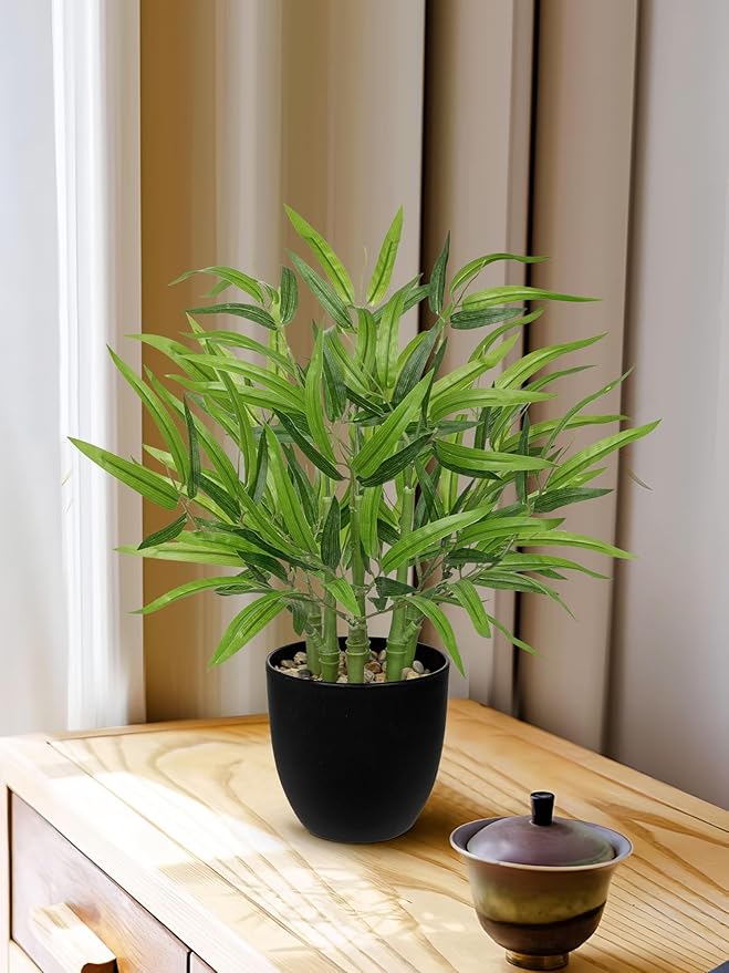 Artificial Bamboo Tree Plant 18 inch Tall Potted Fake Plant-Faux Tree in Black Pot for Farmhouse Home, Office, Kitchen, Counter Top, Indoor Decor, Money Tree, Lucky Plant