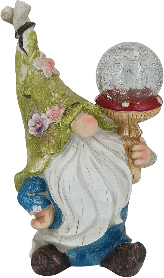 SAMPU CRAFT Garden Gnome Solar Light Statue - Outdoor Decorative Figurine with Crackle Glass Globe, Blue & White Floral Design, Waterproof LED Yard Art for Patio, Lawn, Garden, Porch