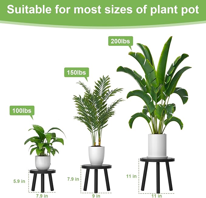 Vecxoty 3-Pack Wood Plant Stands Indoor, Single Plant Stand for 6-12 Inch Pots, Mid-Century Modern Plant Stool, Tall Plant Stand for Large Plants for Living Room, Balcony, Office (Black)