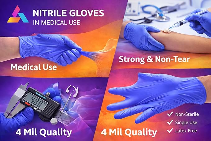 Examination Nitrile Gloves, Disposable, Powder-Free, Latex-Free, Multi-Purpose Protective Gloves for Medical