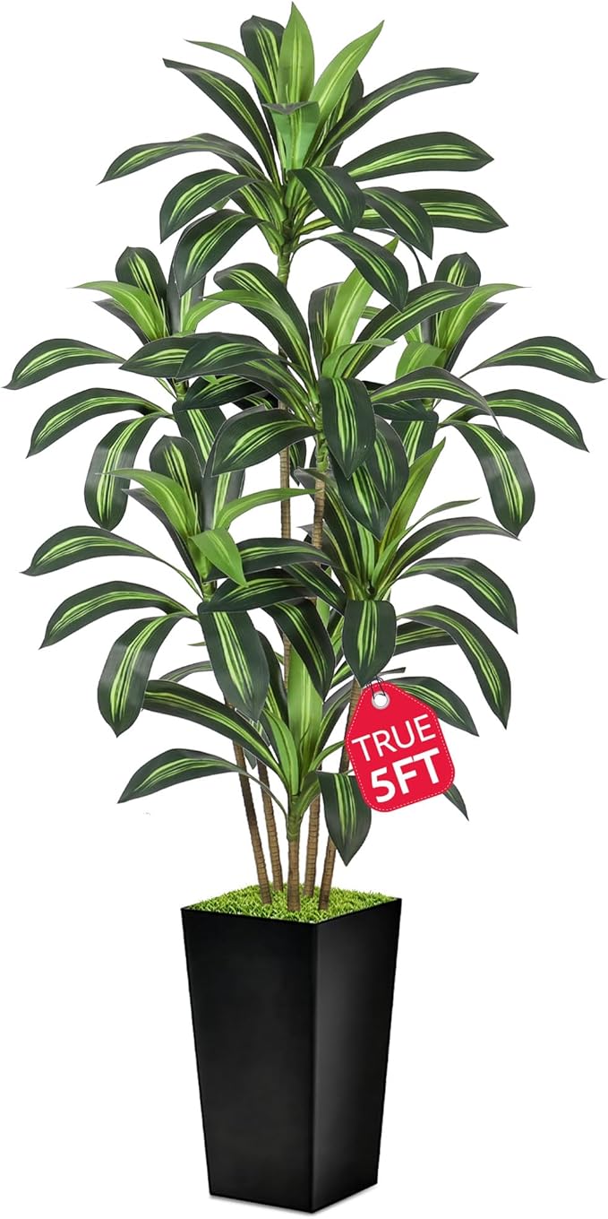 Realistic Artificial Indoor Plant Tree - Tall Fake Dracaena Potted Plant for Home Office Decor, Living Room & Bedroom - Lifelike Faux Plant Tree with Pot-Palm Tree (Black, 5FT)