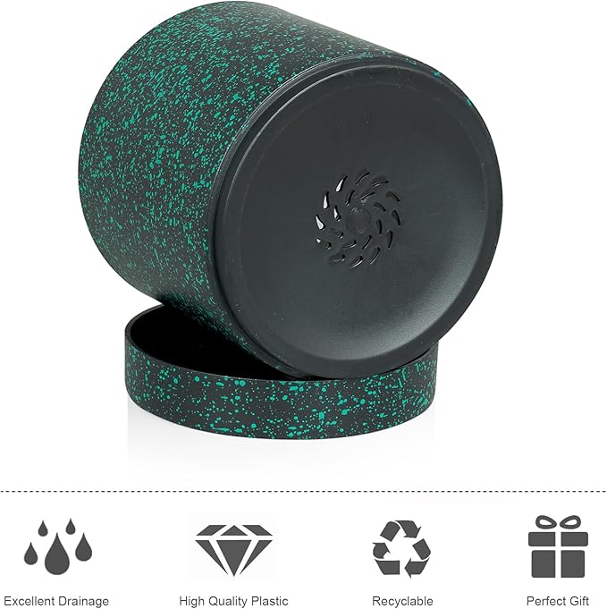 Meowell 7/6.5/6/5/4 inch Plant Pots, 5 Pack Cylinder Flower Pots for Small Indoor Outdoor Plants, Plastic Planters with Drainage Holes and Saucer for Garden Succulent Plants, Black With Green Speckles