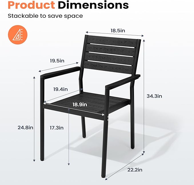 Pellebant Stackable Outdoor Dining Chairs Set of 6, Aluminum Patio Chairs with Arms, All-Weather for Garden, Lawn, Deck, Porch and Yard, Black
