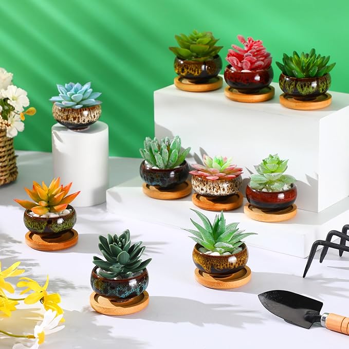 RimCereal 24 Pcs Ceramic Succulent Pots 2.5 Inch Small Plant Pots Indoor with Drainage and Bamboo Saucers Colorful Succulent Flower Planters for Garden Plants Home Decor(Round,1.2 Inch H)