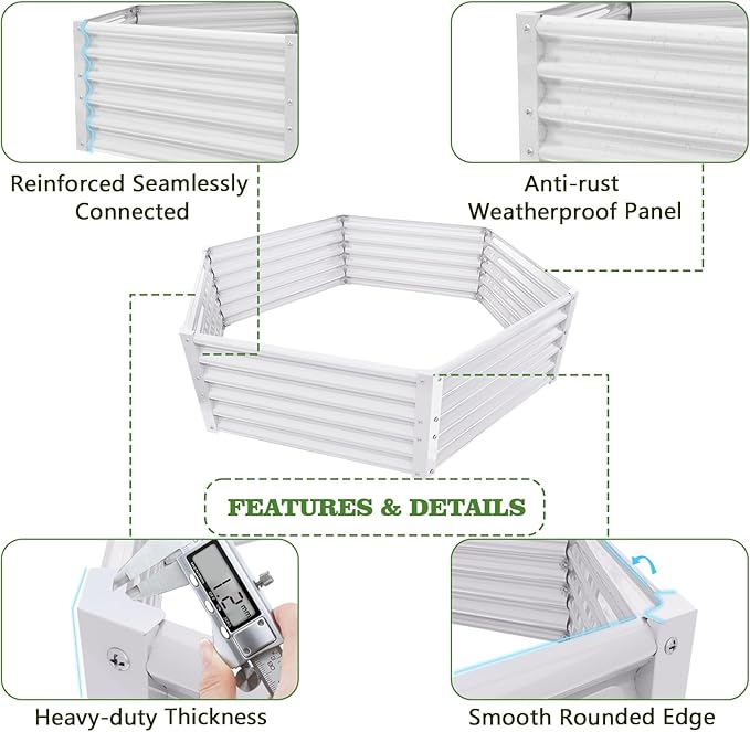 A ANLEOLIFE 6 Set Hexagon Galvanized Raised Garden Beds Outdoor,70x60x18in Metal Planter Box for Planting Vegetables Flowers Herb, Anti-Rust & Easy-Setup, Antique White