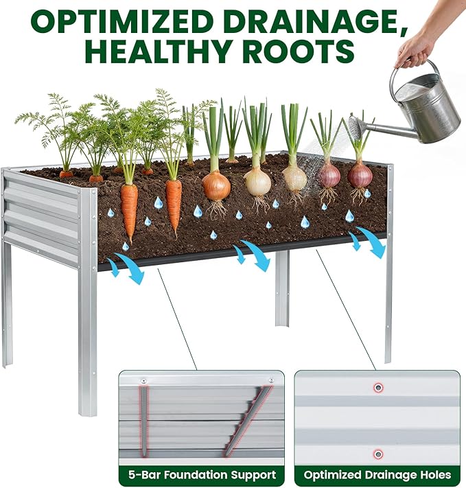 1MORE Elevated Raised Garden Bed with Legs, 48×24×32in Large Metal Raised Bed for Backyard, Patio, Balcony. Raised Planter Box with Drainage Holes for Plants Vegetables Flowers Fruits(Sliver-2pcs)