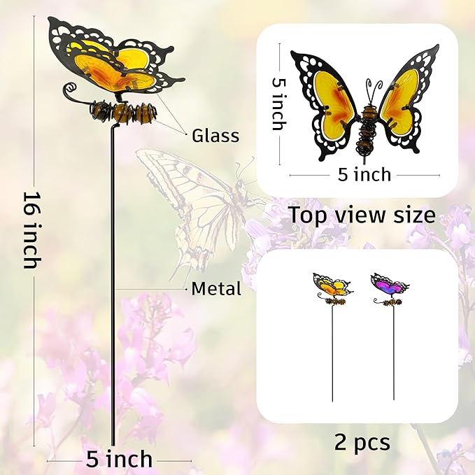 Voumsil Butterfly Garden Stakes,Butterfly Kit Made of Glass and Metal,Colorful Butterflies Garden Decorations Can Make The Garden Full of Color and Vitality. (Yellow and Purple)