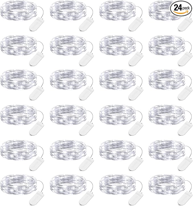 Brightown 24 Pack LED Fairy Lights Battery Operated 7 ft 20 LED String Light Waterproof Silver Wire Firefly Starry Lights for Crafts Wedding Party Bedroom (White)