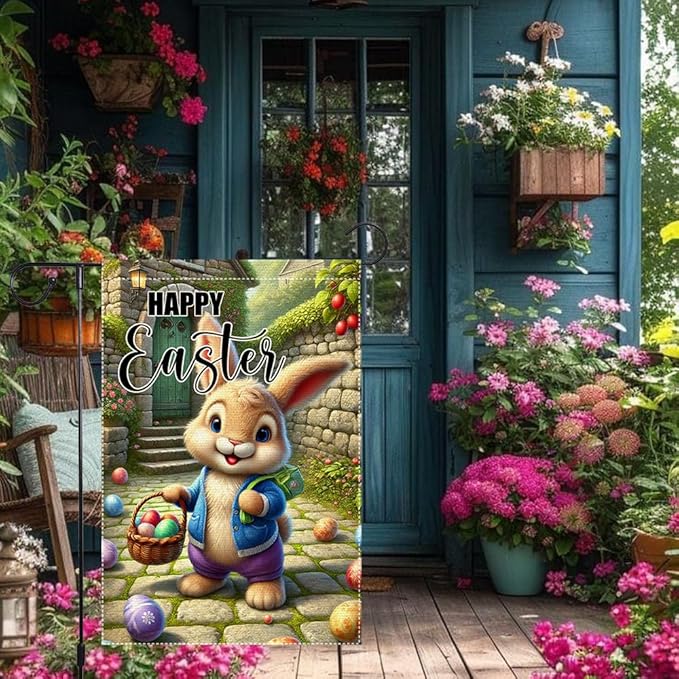 Happy Easter Garden Flag 12x18 Inch Small Double Sided Outside Easter Eggs with Flowers Branches Yard Decoration Seasonal Spring Outdoor Flags Decor