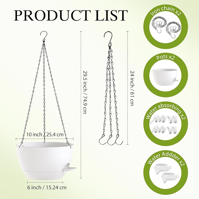 SQKH 10 Inch Hanging Baskets 2 PC with Chains, Self-Watering Hanging Planters for Indoor Outdoor Plants, Plastic Hanging Flower Pots,White
