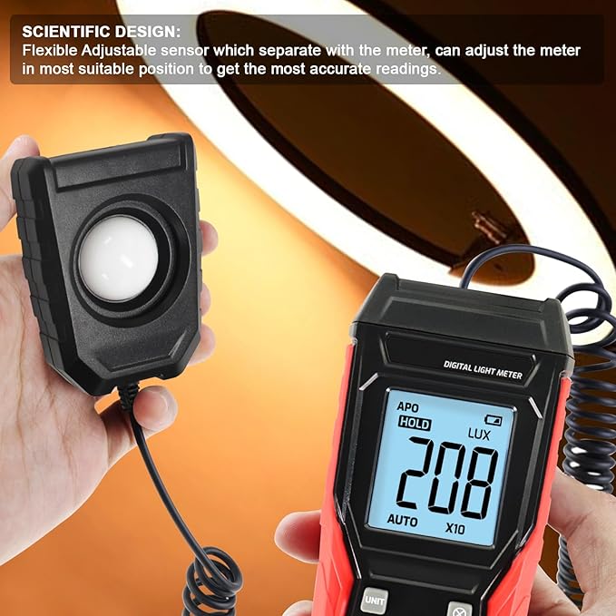 Light Meter Digital Lux Meter Handheld Illuminance Light Meter with 360 Degree Rotating Sensor, 4 Digit LCD Display 0~200,000 Measurement Range Luxmeter Tester for Plants, Headlights, Home & Office