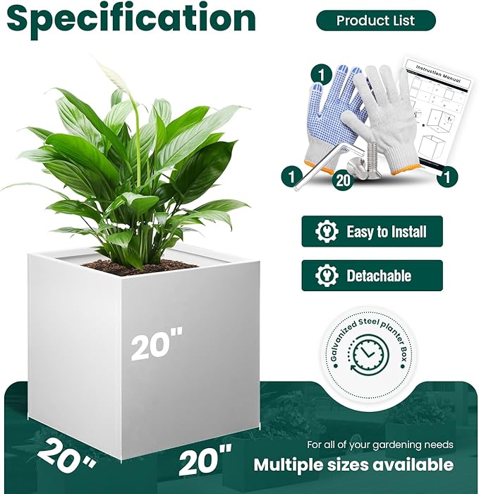 GZGNEEVL White Outdoor Planter Square Steel Planters Galvanized Steel Planter Box 20 Inch Indoor Metal Large Planters Cube Heavy Duty Modern Commercial Residential for Trees Patio Yard Garden