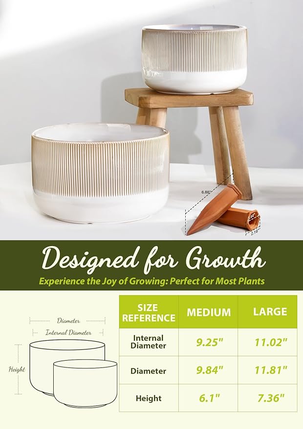 Ceramic Planters - 10+12 Inch Large Pots for Indoor & Outdoor Plants, Modern Flower Pots with Drainage Holes and Self Watering Devices, House Beige Big Plant Pot, Set of 2