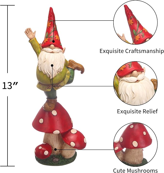 DUSVALLY Gnomes Statue and Garden Resin Statue Dwarf Standing on Mushroom, Outdoor Decoration for Patio Yard Lawn Porch, Spring Decor Housewarming 13" H