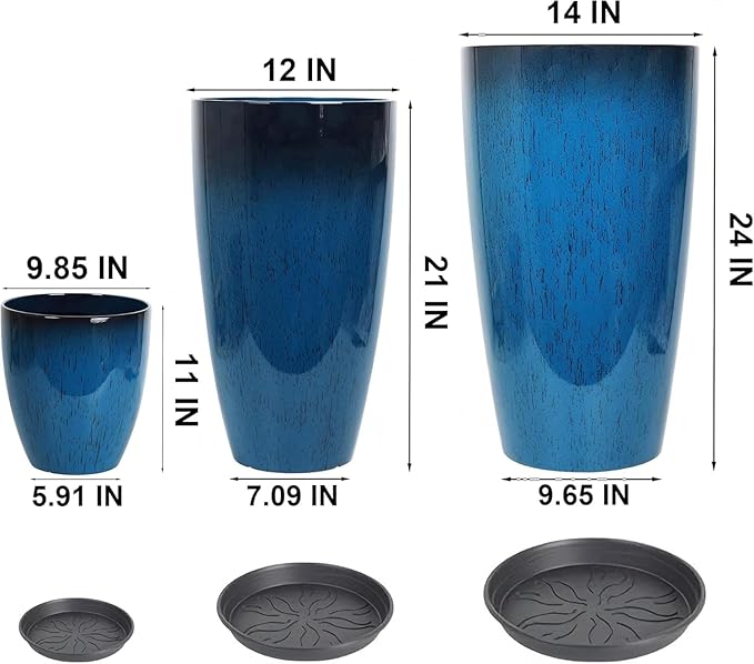 MinCHI257 24/21/11 Inch Tall Planter Pots Garden Plastic Planters - Set of 3 for Indoor & Outdoor Use - Decorative Lightweight Flower Pots (Dark Grey)
