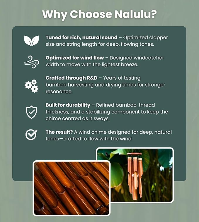 Nalulu Classic Bamboo Wind Chimes - Outside Outdoor Wood Wooden Windchimes, Large, Handcrafted with Calming Deep Tones, Ideal Home Decor or Gift for Any Occasion