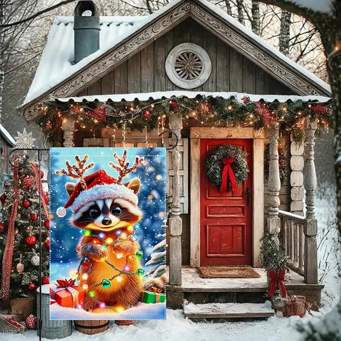 Christmas Garden Flag 12x18 Inch Double Sided Burlap Raccoon with Santa Hat and Lights Cute Winter Outdoor Yard Decoration for Holiday Porch Lawn Farmhouse Decor