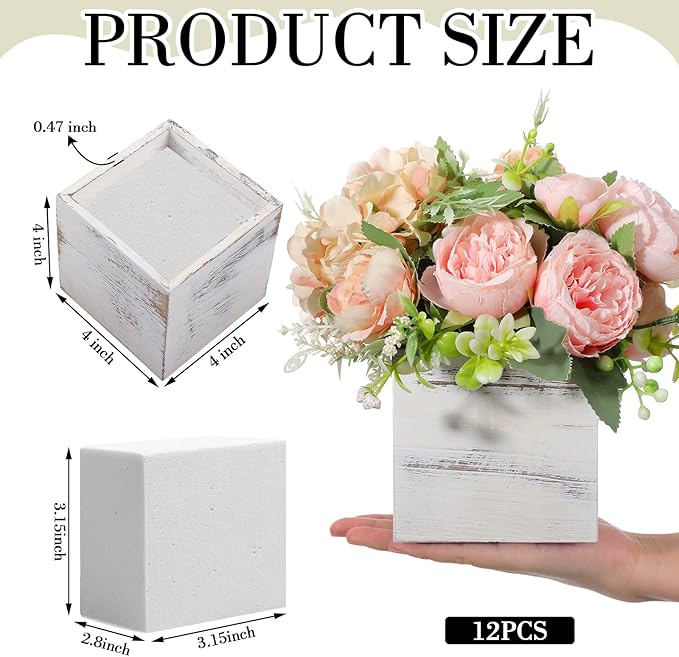 Suzile 12 Set 4 Inch Wooden Planter Box Flower Square vases for Centerpiece Rustic Cube Planter Box with Removable Foam Blocks Liner Square Vase Craft for Garden Home(White)
